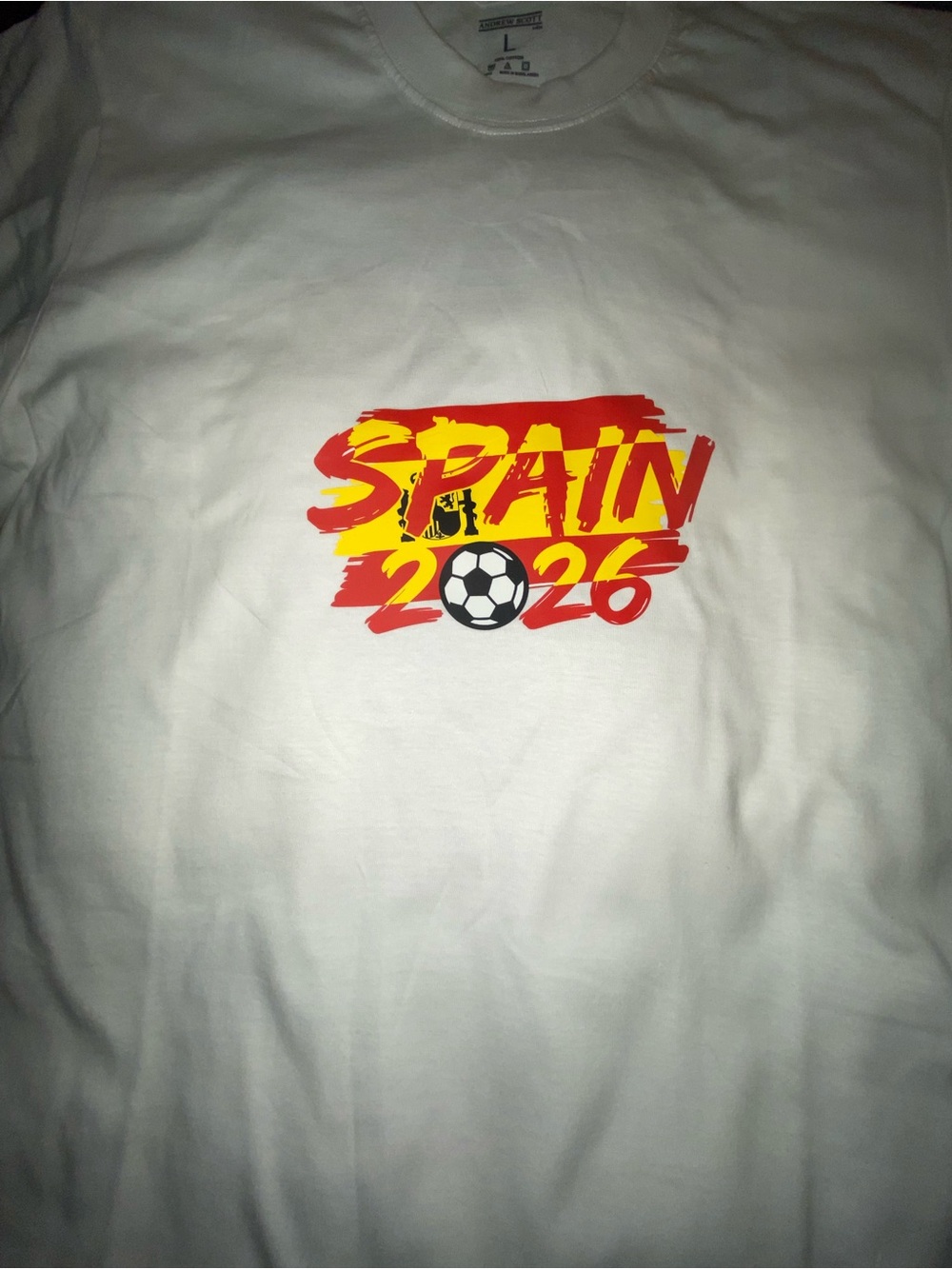 Spain 2026 soccer World Cup Graphic Tee - White with Red & Yellow Print  L unise